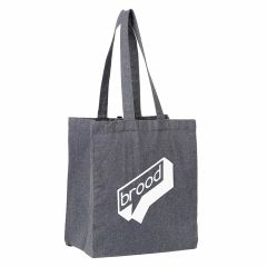 A custom cotton grocery tote made from recycled material. The front has a white printed logo.