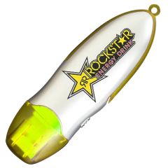 A large customized USB stick with a full colour logo. The body is silver with a yellow transparent edge.