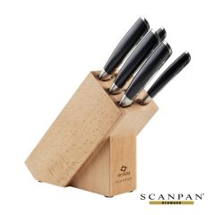 A light wood knife block with a laser engraved logo and 6 knives in the block