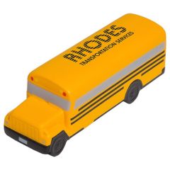 A yellow coloured school bus shaped stress reliever with a black logo on the top of the roof