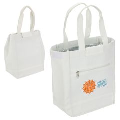 An RPET canvas lunch tote. The custom recycled lunch bag has an orange and blue logo. Behind it is the same bag, reversed.