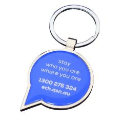 speech bubble shaped epoxy dome keyring with blue and white screen print