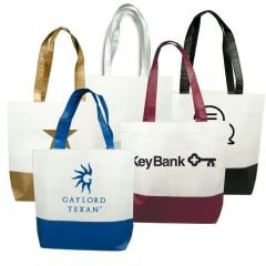 Five custom totes made from RPET material. They have different colour accents and the front two have single colour logos.