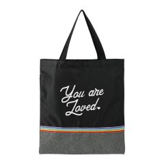 A custom logo recycled PET convention tote with a rainbow stripe. The bag is black and grey with a white logo.