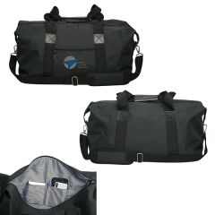 Three images of 22inch duffle bag showing both sides and a close up of the pocket with grey and blue logo