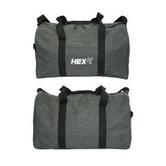 heathered grey 19 inch duffle with white logo showing front and back view