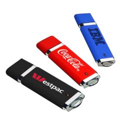 Three square-shaped USB drives with different logos printed on the fronts. The plastic body colours are black, red and blue.