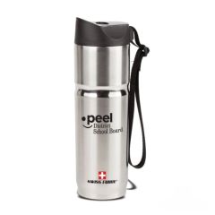 A silver 15oz tumbler with a black lid and strap and a black logo