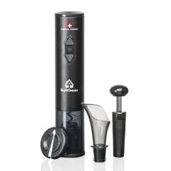 A black modern wine opener gift set with a white logo on the battery-operated automatic opener. There is also a foil cutter, a pourer and a stopper  