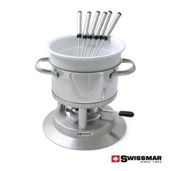 A white ceramic and stainless steel 11pc fondue set with 6 fondue forks resting inside