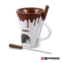A brown and white 4pc chocolate fondue mug with a brown logo and two fondue forks