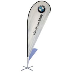 A custom teardrop trade show flag 7ft in height with full colour customization made in Canada.