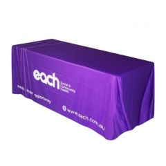 Custom event throw table cloth cover that is purple and white.