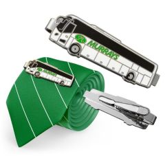 three images of full colour bus shaped tie clips one reversed one facing forward and one attached to a green and white striped tie