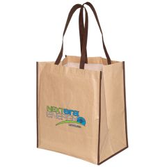 A laminated paper non woven tote bag with brown trim and handles and a full colour logo.