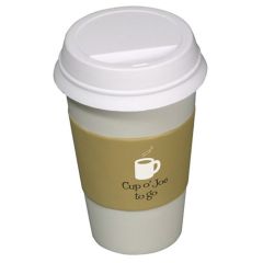 A white and tan coloured coffee cuup to go shaped stress reliever with a white and black logo on the tan sleeve