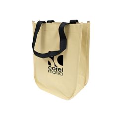 A custom printed Kraft Fashion Tote with black handles. The front logo colour is black.