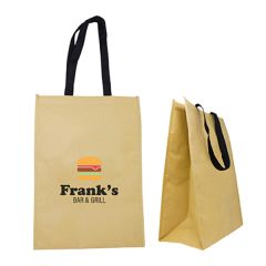 Two kraft paper style custom grocery totes. One is blank and the other has a full colour logo branded on the front.