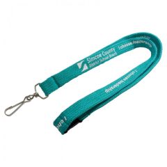 A teal custom tube polyester lanyard with white print. It has one safety break and a dog clip.
