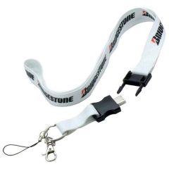 A white USB lanyard with a custom logo and a detachable piece and a split ring attachment.