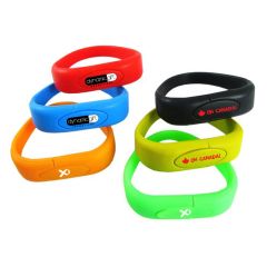 six different coloured USB silicone wristbands branded with logos