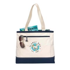 A custom logo utility beach tote made from polyester. It is white with navy trim and has a promotional printed logo.