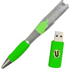 A custom logo USB future pen with a solid green and semi transparent body. The logo on the USB is yellow, black and grey.