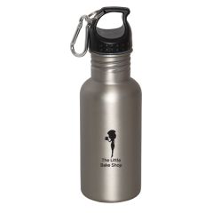 500mL silver matte stainless steel water bottle with black lid a silver carabiner and a black logo