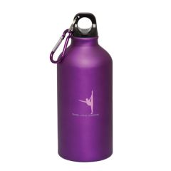 500mL purple aluminum bottle with black lid purple and silver carabiner and a pink logo