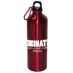 A red 25oz aluminum water bottle with matching carabiner and a white logo