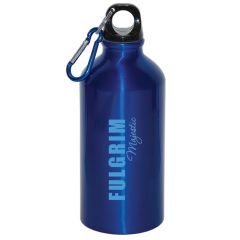 A royal blue 500mL aluminum water bottle with a light blue logo and a blue and silver carabiner