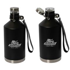two images of black 1.89L growlers with one showing lid open and both with grey logo