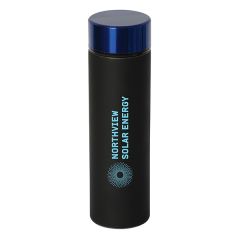 500mL black cylinder shaped water bottle with a royal blue lid and a light blue logo