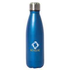 stainless steel water bottle with royal blue matte glitter finish on body and multicoloured logo