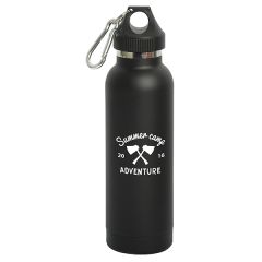 500mL black vacuum insulation bottle with a black lid a silver carabiner and a white logo