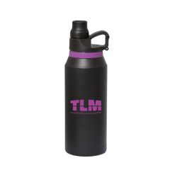 945mL black water bottle with purple silicone band and logo