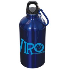 metallic royal blue stainless steel water bottle with carabiner and blue logo