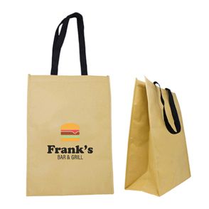 Two kraft paper style custom grocery totes. One is blank and the other has a full colour logo branded on the front.