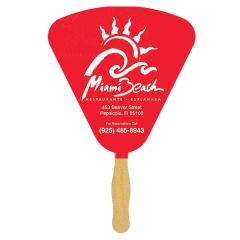 A seashell shaped sandwich fan with a glued wooden handle and a seashell shaped paddle with a red and white logo