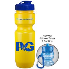 22oz yellow bike bottle with blue logo and flip top lid and an example of carabiner use beside it