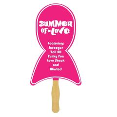 A sandwich fan with a wooden handle and a ribbon paddle with a pink and white logo