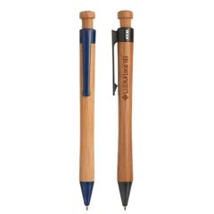 a bamboo pen with black accents and an engraved logo