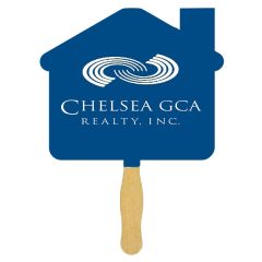 A sandwich fan with a wooden handle and a blue house shaped paddle with a white logo
