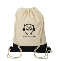 black and natural coloured cotton drawstring bag with black logo