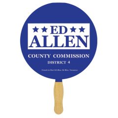 A round shaped sandwich hand fan with a glued wooden handle and a round paddle with a blue and white logo