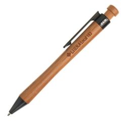 a bamboo pen with black accents and an engraved logo