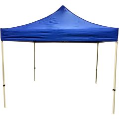 Blue, plain economy event tent with metal frame and a water-resistant polyester canopy.