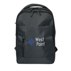 Three images of black laptop backpack with full colour logo