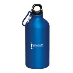 500mL royal blue aluminum bottle with black lid blue and silver carabiner and a white logo
