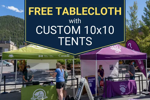 Custom Pop Up Tents with a FREE 6ft Fitted Tablecloth, for a Limited Time Only - Get Trade Show Ready with Fully Customizable Event Tents for Great Brand Visibility!